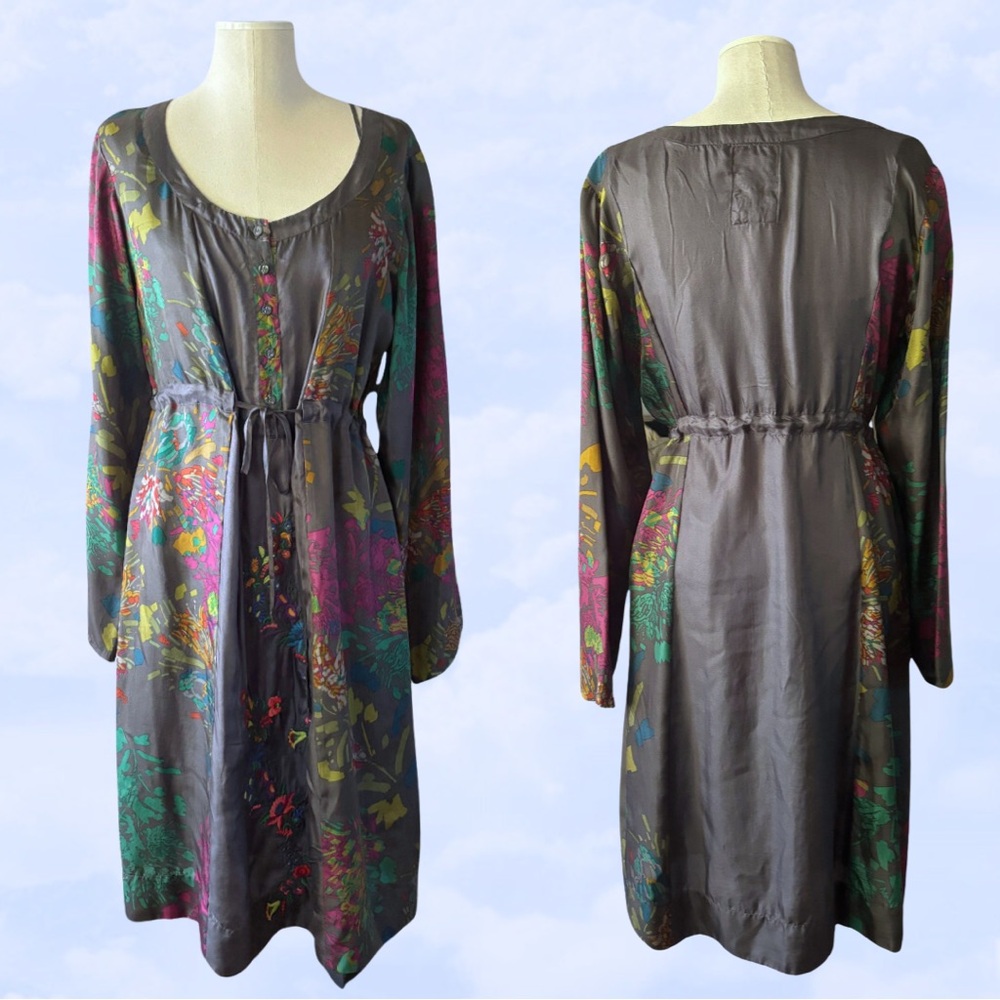 JOHNNY WAS Silk Embroidered Dress with Silk Slip Gorgeous size Large 3/4 sleeves